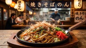A sizzling plate of Japanese sauce yakisoba served on a hot round iron teppan skillet. Medium-thin stir-fried noodles are coated in a glossy, savory brown sauce and mixed with tender pork belly slices, crisp cabbage, carrots, and bean sprouts. The dish is piled high and topped with a generous amount of dancing katsuobushi (bonito flakes), fine aonori (green seaweed powder), and vibrant red pickled ginger (beni shoga) on the side. Steam is rising dynamically from the hot skillet on a wooden table inside a cozy izakaya setting.
