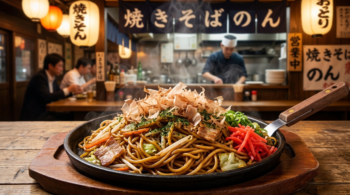 A sizzling plate of Japanese sauce yakisoba served on a hot round iron teppan skillet. Medium-thin stir-fried noodles are coated in a glossy, savory brown sauce and mixed with tender pork belly slices, crisp cabbage, carrots, and bean sprouts. The dish is piled high and topped with a generous amount of dancing katsuobushi (bonito flakes), fine aonori (green seaweed powder), and vibrant red pickled ginger (beni shoga) on the side. Steam is rising dynamically from the hot skillet on a wooden table inside a cozy izakaya setting.