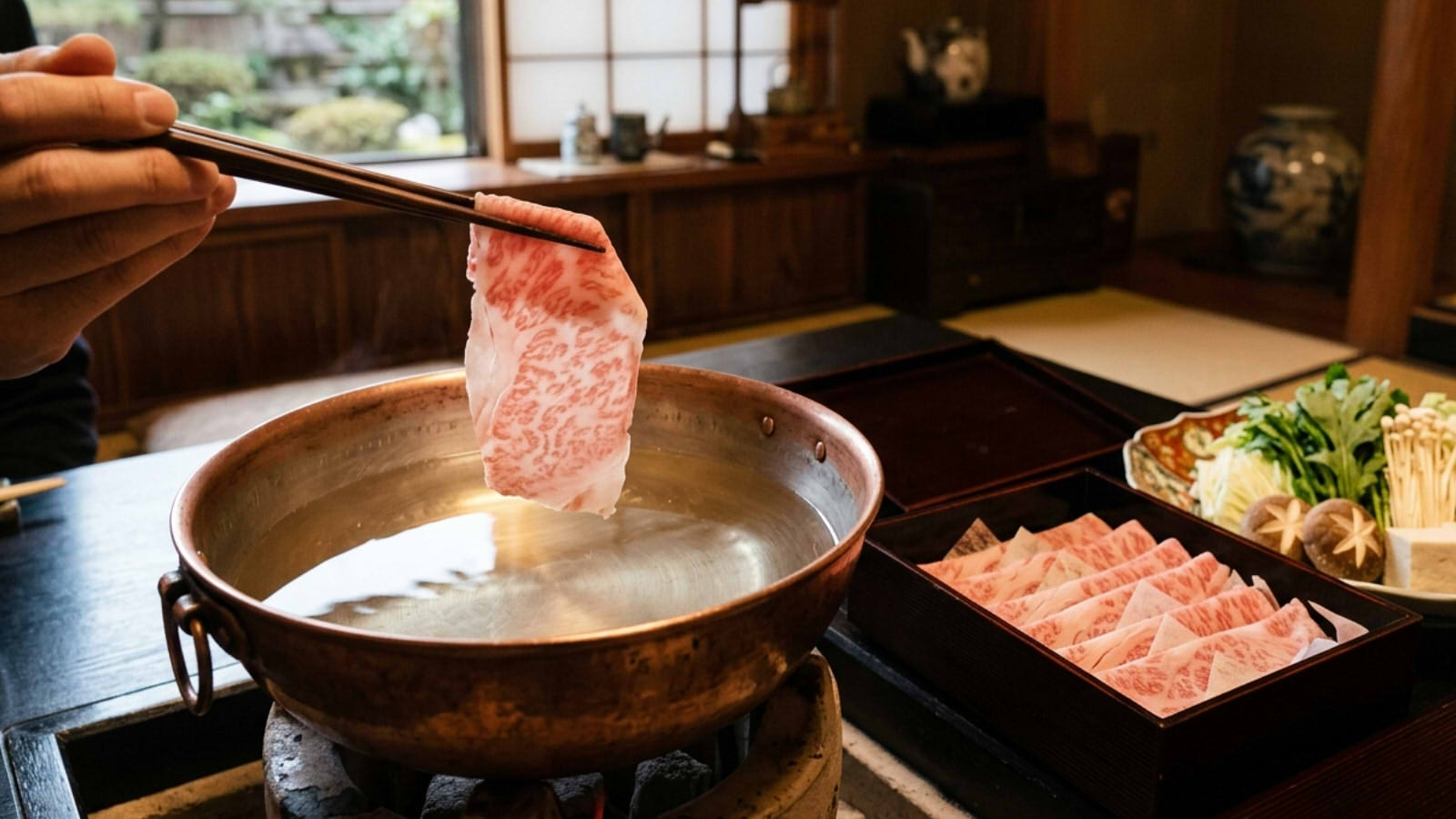 Thinly sliced Wagyu beef held by chopsticks over a simmering copper hot pot