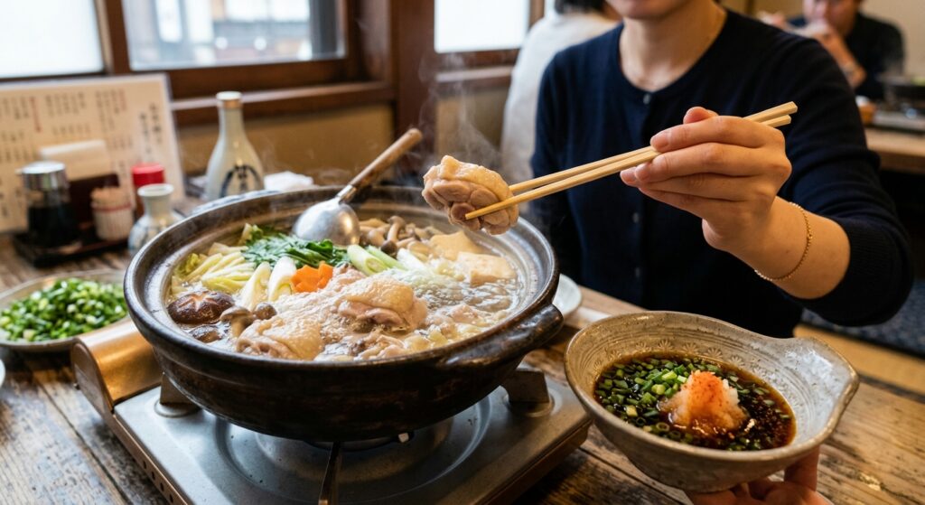 A close-up shot of a steaming clay pot filled with Japanese chicken mizutaki, featuring tender chicken pieces, tofu, shiitake mushrooms, and green scallions boiling in clear broth. In the foreground, chopsticks hold a piece of juicy chicken over a ceramic tonsui bowl filled with dark ponzu sauce, chopped green onions, and grated momiji oroshi.